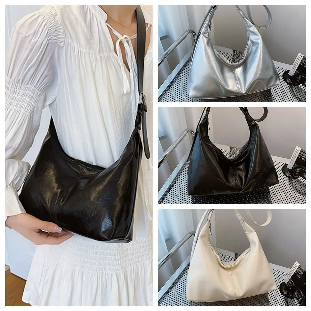 

Half Moon Shape Half Moon Shoulder Bag Solid Color Zipper PU Leather Crossbody Bag Adjustable Shoulder Strap Large Capacity