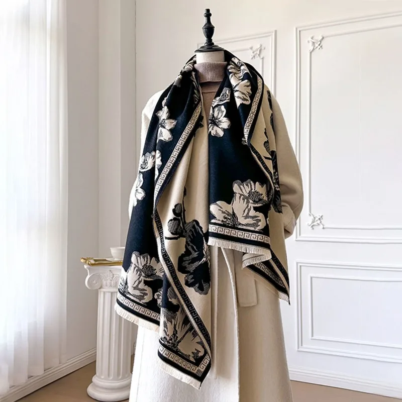 

Autumn and winter trendy black and white cashmere floral print outer shawl women's personalized niche shawl scarf