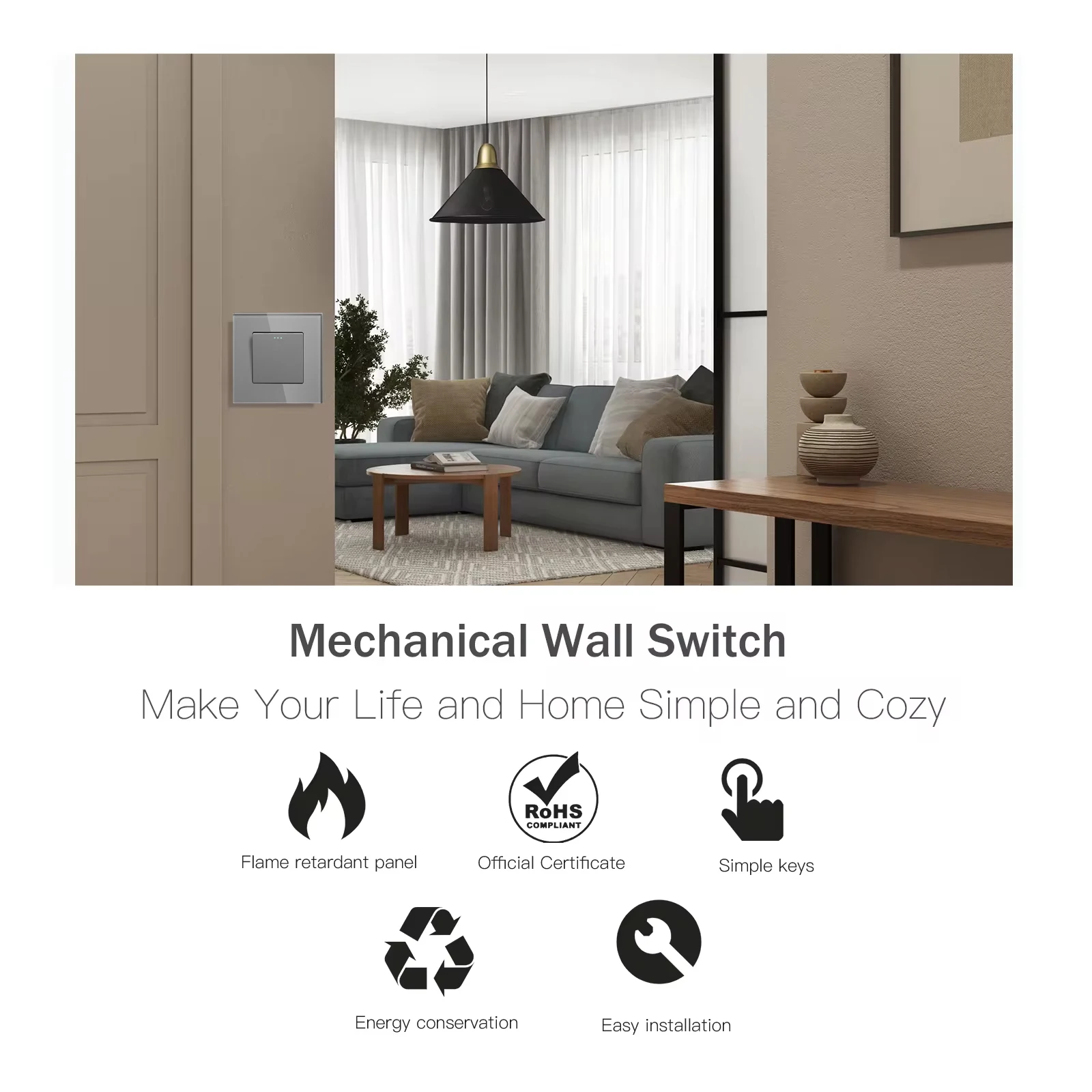 BSEED 1/2/3Gang Mechanical Light Switches 1Way Plus Wall Socket Type-c USB Power Outlets Crystal Glass Frame EU Standard Gray