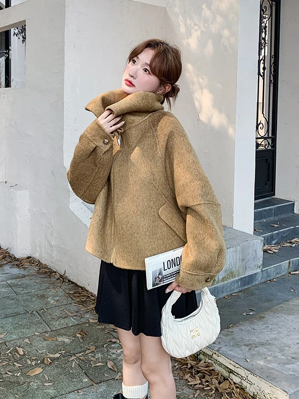 

Khaki Double-Faced Woolen ort Jaet Women's Faion Commute Sle Regular Sve Long Zipper Closure Pure Color Coat