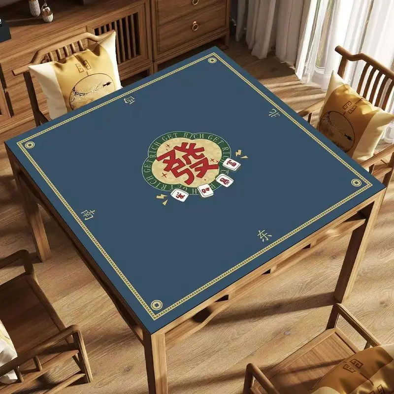 Navy Blue Patterned Border And Mahjong Table Mat Anti-Slip Noise Reduction for Card Game Table Playing Room Home Decor