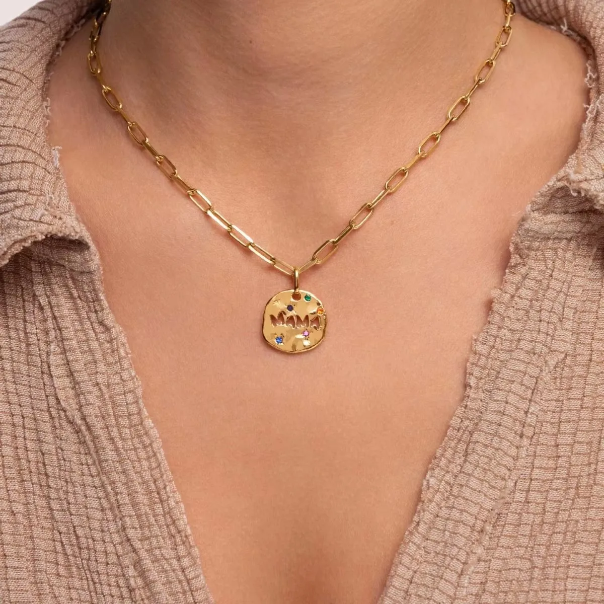 Irregular MAMA Necklace Mother's Day Gift Round Guardian Tarot Pendant Stainless Steel Plated 18K Gold