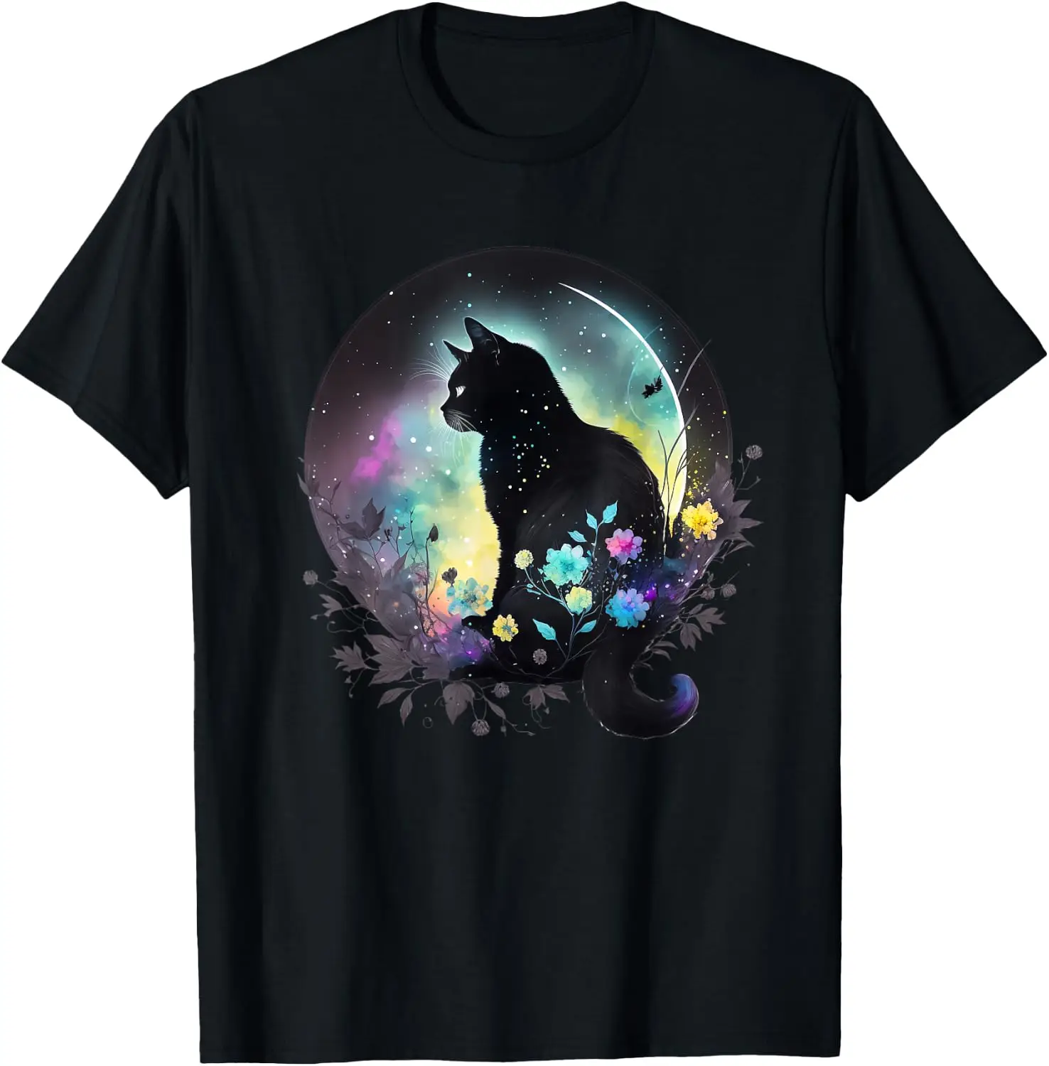 Celestial Black Cat Tee – Cosmic Floral Moon T-Shirt 100% Cotton Trendy Y2K Short-Sleeve Tee – Soft, Quick-Drying, All Occasion Casual  Suitable For Concert Party Hanging Out Sightseeing Trip