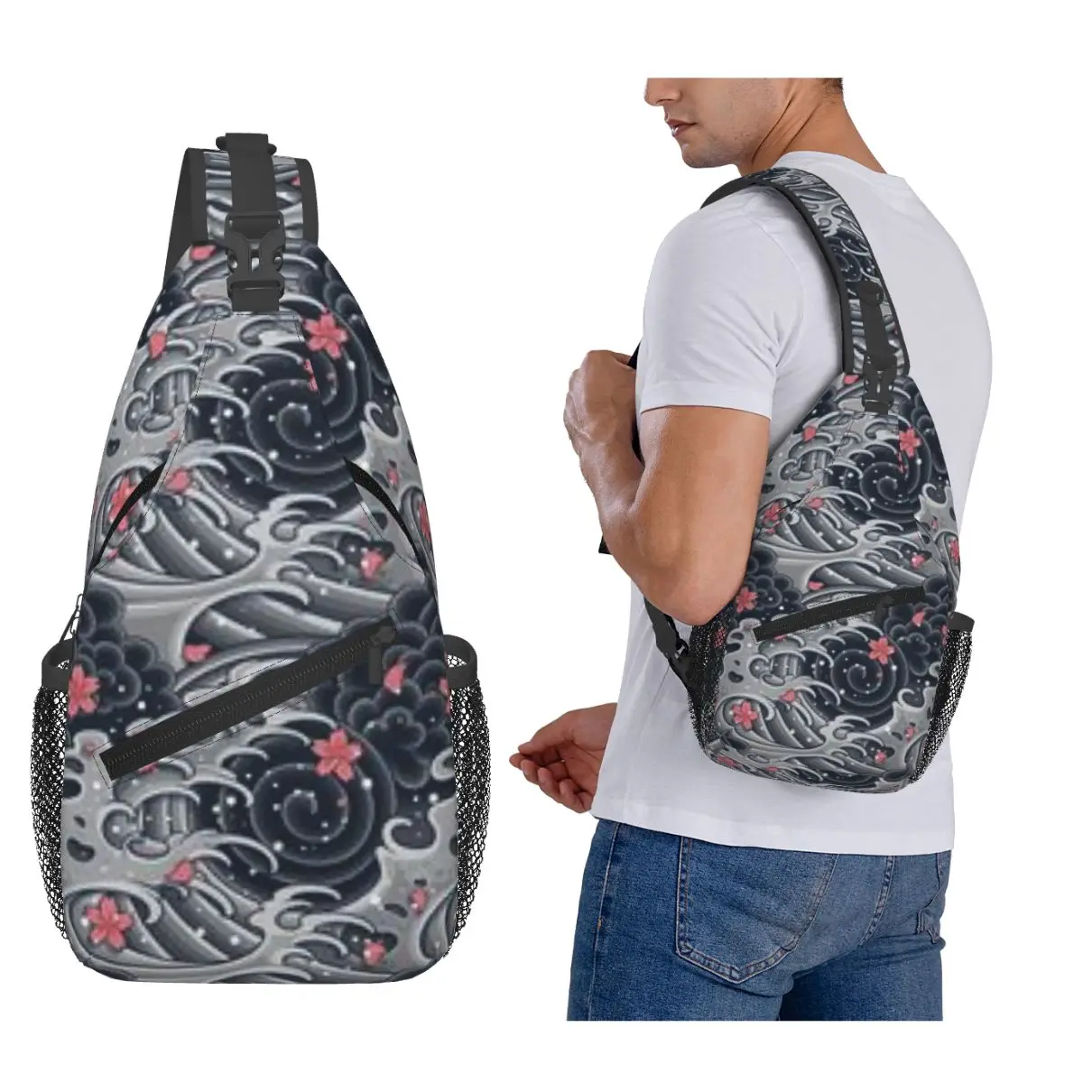 Japanese Wave Pattern Chest Bag Men Sling Crossbody Backpack Chest Bag Traveling Hiking Daypack Shoulder Bag