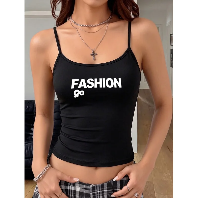 Women'S Slim Solid Camisole, Individual FASHION Letter And Symbol Print, Street Cool Style Short Crop Top