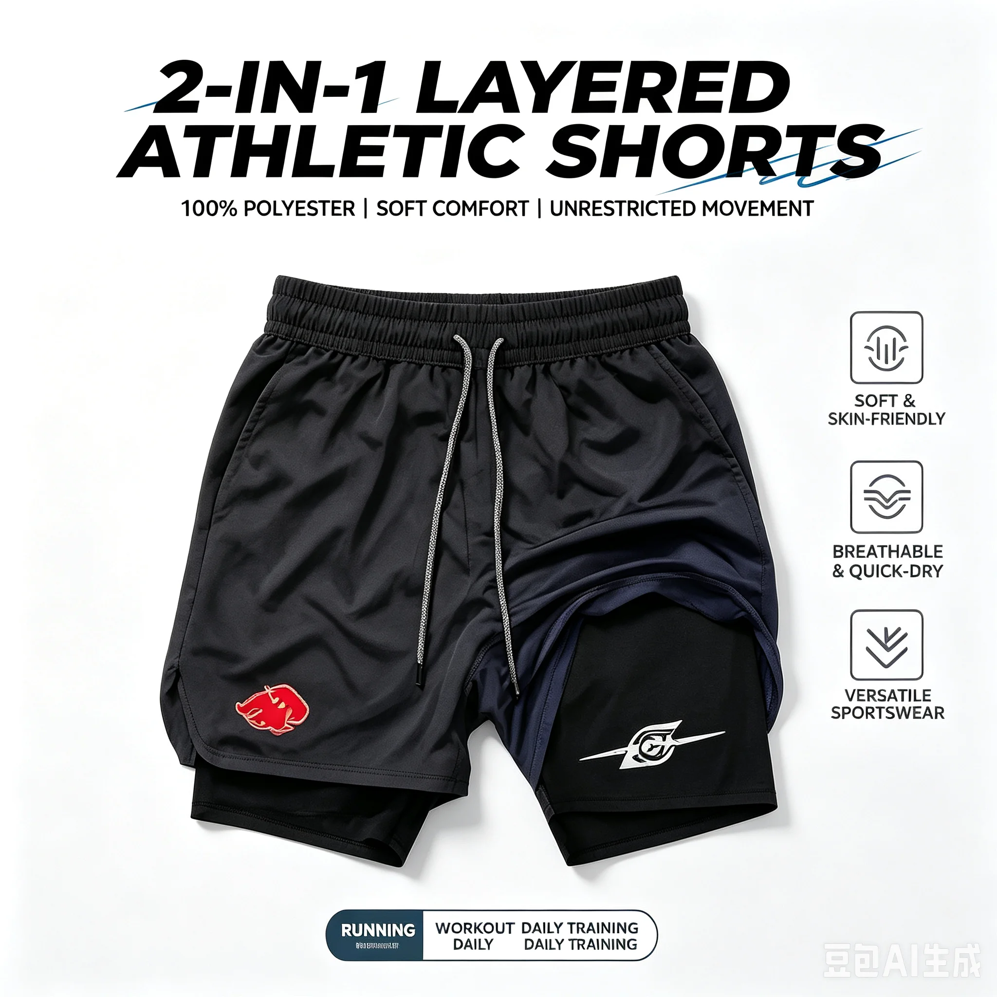 Men's Printed Anime Double Layer Shorts Gym Sports Printed Sports Multi Functional Training 2-in-1