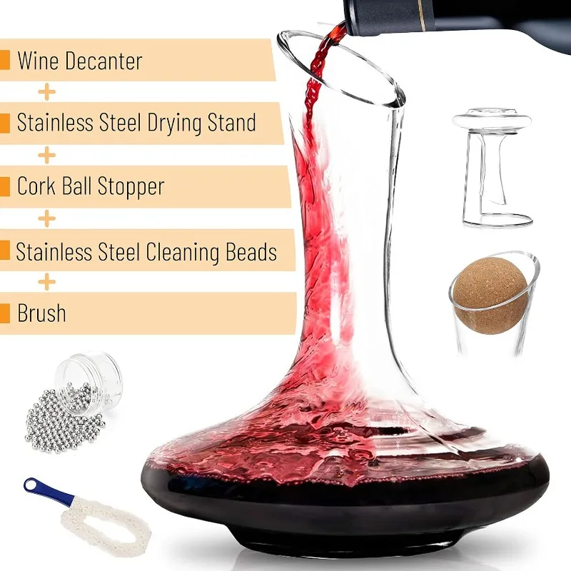 BTaT- XL Decanter with Drying Stand and Stopper, 60 oz (1800ml), Brush and Beads, Hand Blown Crystal Glass, Wine Decanter, Wine