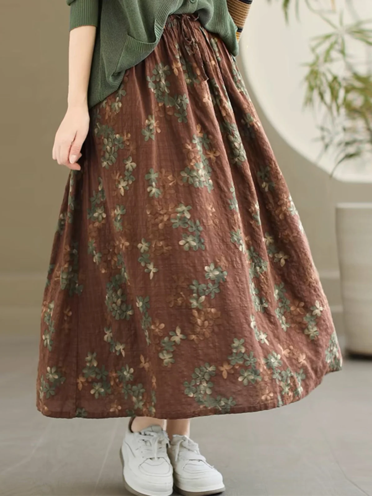 

Льняная юбка-трапеция с цветочным принтом ter Ne Dr, женская юбка-трапеция с высокой талией, юбка-миди с эластичной резинкой на талии, этнический сарафан для поездок на работу