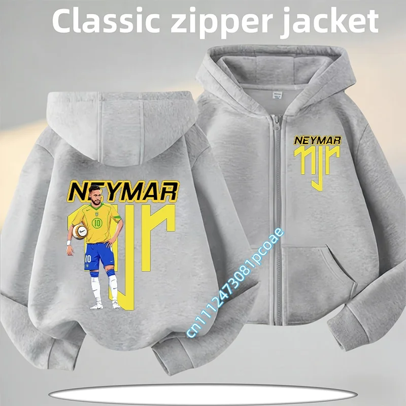 2026 New Design Neymar Football Star Kids Zippered Hooded Sweatshirt for Boys Winter Autumn Coat Cartoon Print Casual Shirt