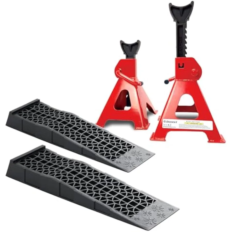 

Donext 3 Ton Low Profile Plastic Car Service Ramps and 3 Ton Red Jack Stands