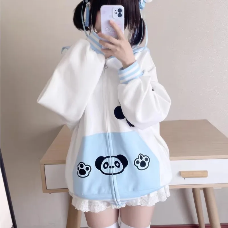 Sweet Women Zip Up Hoodie Kawaii Clothes Sailor Collar Cute Panda Print Sweatshirts Y2k Tops Teen School Girls Casual Hoodies