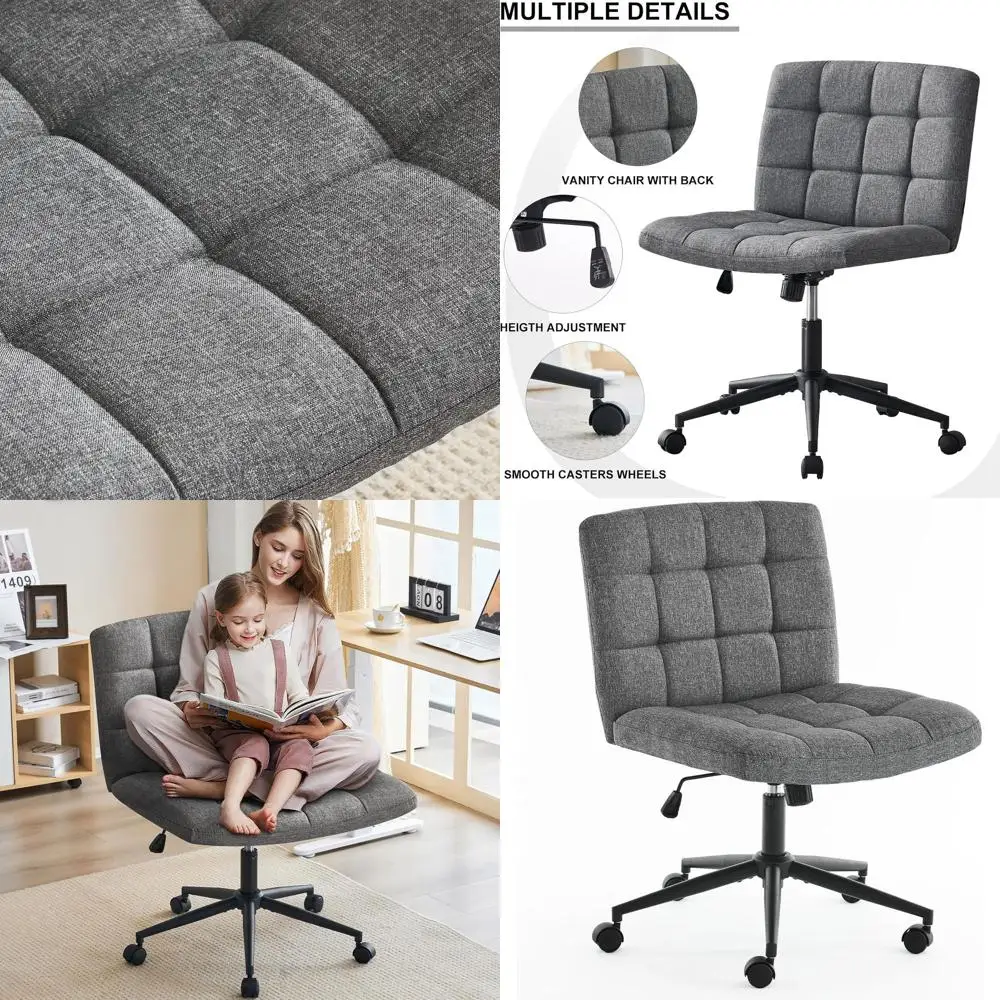 

360° Swivel Cross-Leg Desk Chair with Thick Cushion, Comfortable Armless Seat on Wheels for Home Office, Bedroom, Vanity (Linen