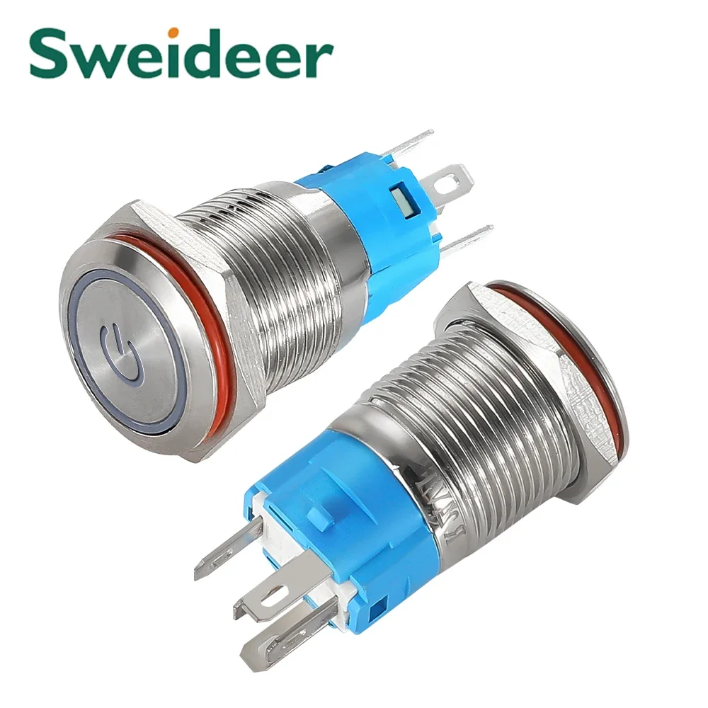 مفتاح زر دفع معدني ليد مسطح ، إعادة ضبط مضيئة ، حلقة إغلاق ، إيقاف تشغيل مقاوم للماء ، رمز طاقة ، 12: 16