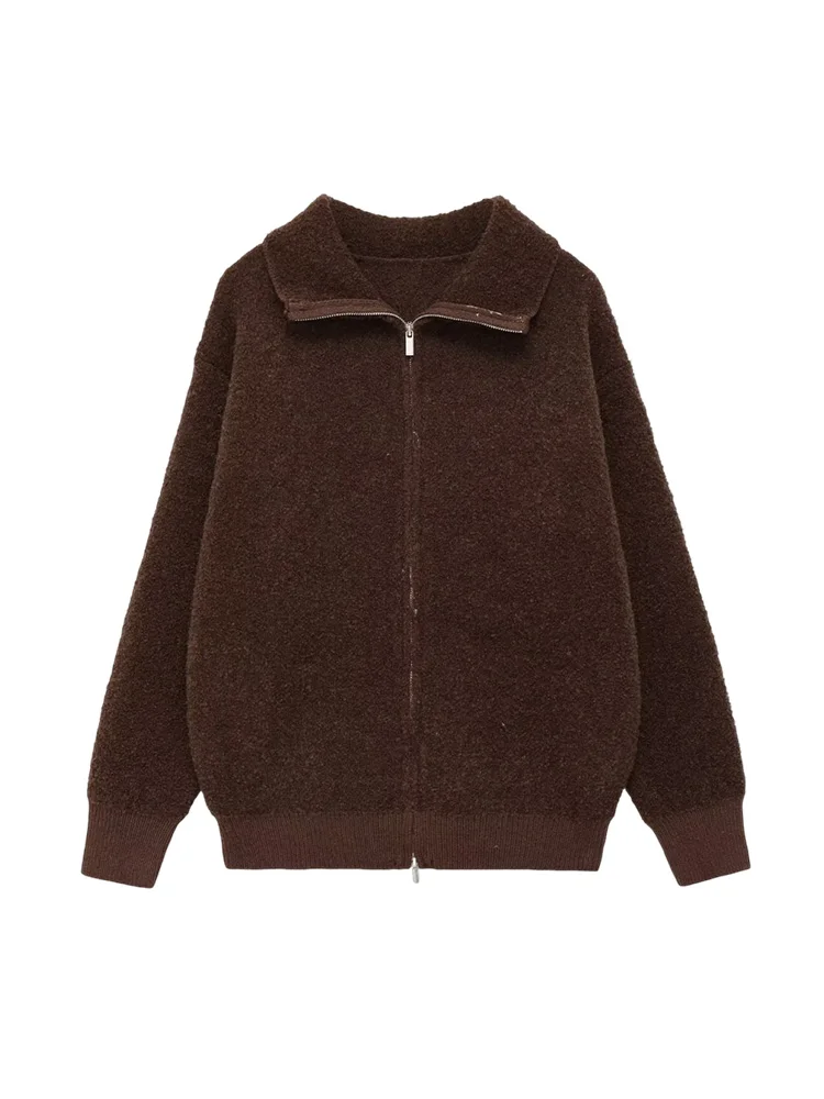 

HH Woman Autumn Turn-down Collar Zipper Pilot Jacket Solid Zipper Woman Fashion Pockets Long Sleeve Street Style Resilience Coat