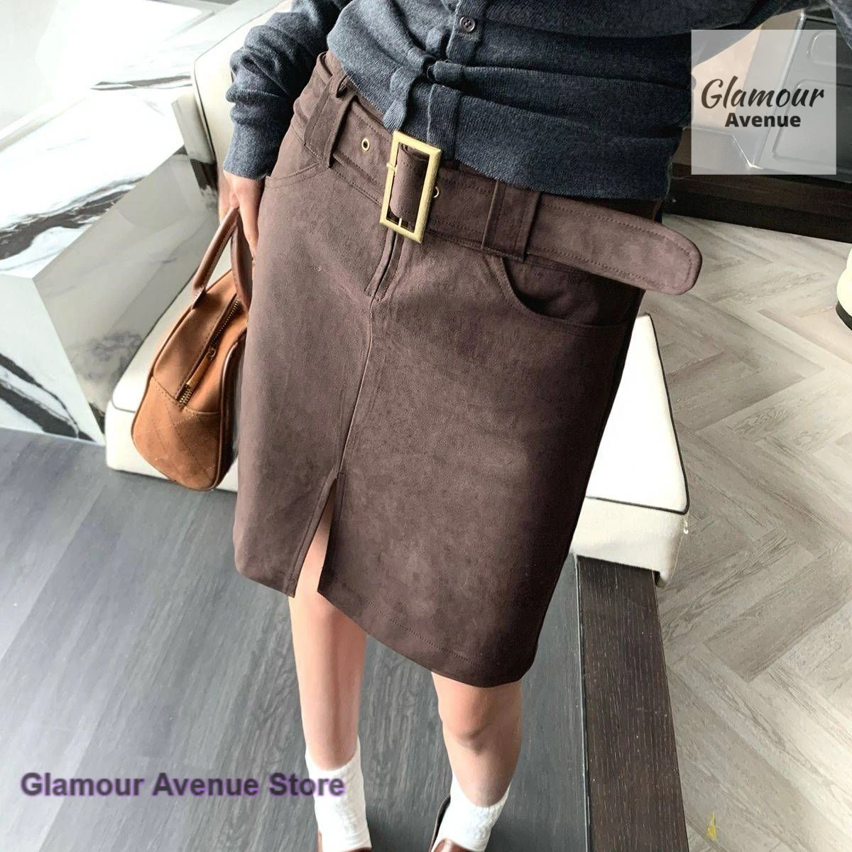

Korean fashion temperament Brown suede short skirt women's autumn and winter new simple and versatile slim straight skirt