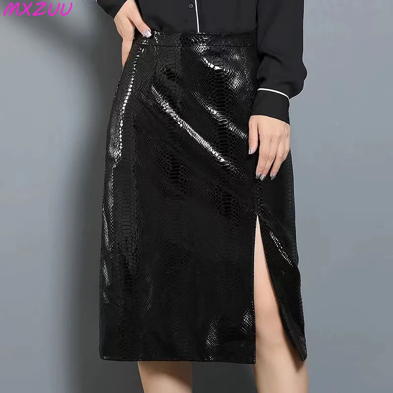 Harajuku Leather Skirt Women's Black Alligator Print High Waist A-line Wrap Hip Midi Flada Mujer Slit Hem Sheepskin Saias XXXXL