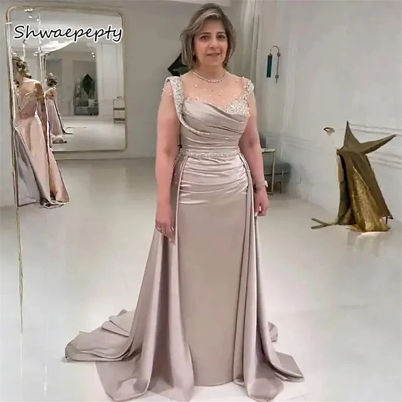 

Elegant Champagne Long Mother Formal Dress Beaded Sheer Illusion Neck Straight Satin Wedding Party Dress With Detachable Train