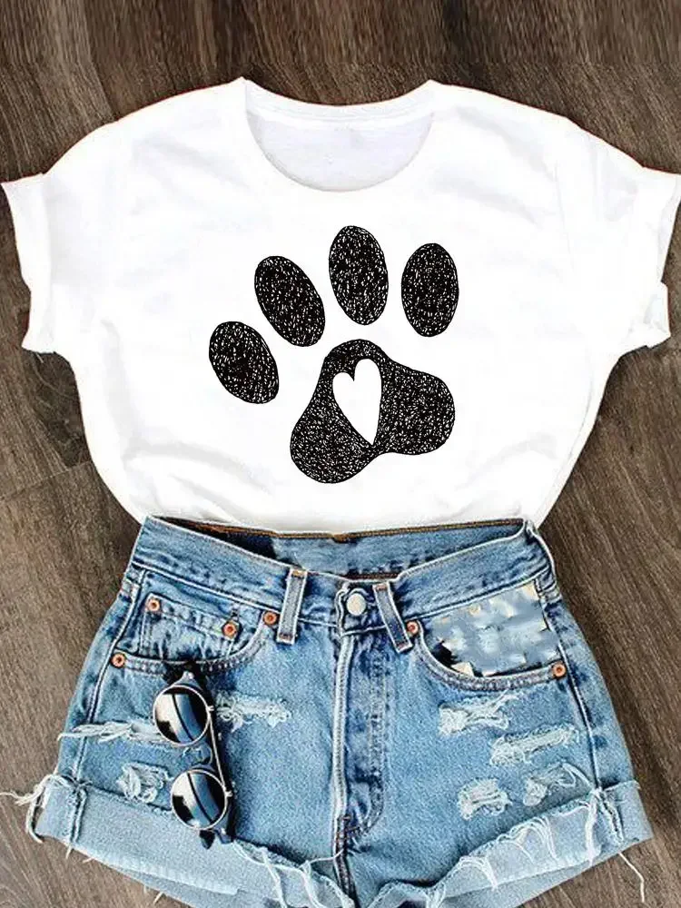 

Graphic T Paw Footprint Cat Dog Funny Shirt Clothes Women Short Sleeve Summer Tee T-shirt Cartoon Fashion Clothing Female Top