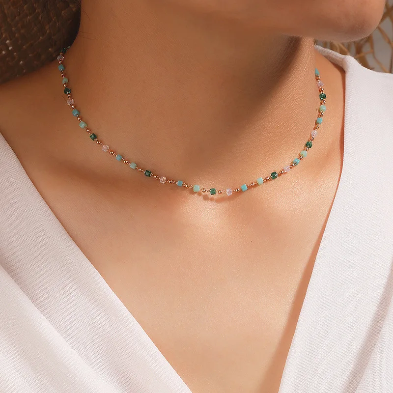 Popular Jewelry Simple All-match Japanese and Korean Green Beaded Sugar Round Beaded Necklace Pendant