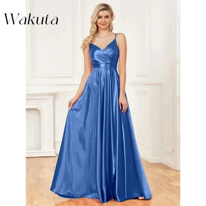 

Wakuta Elegant V-Neck Sleeveless Satin Robe Sexy with High Slit Wedding Party Vestido Elegantes Mother's Temperament A-Line Gown