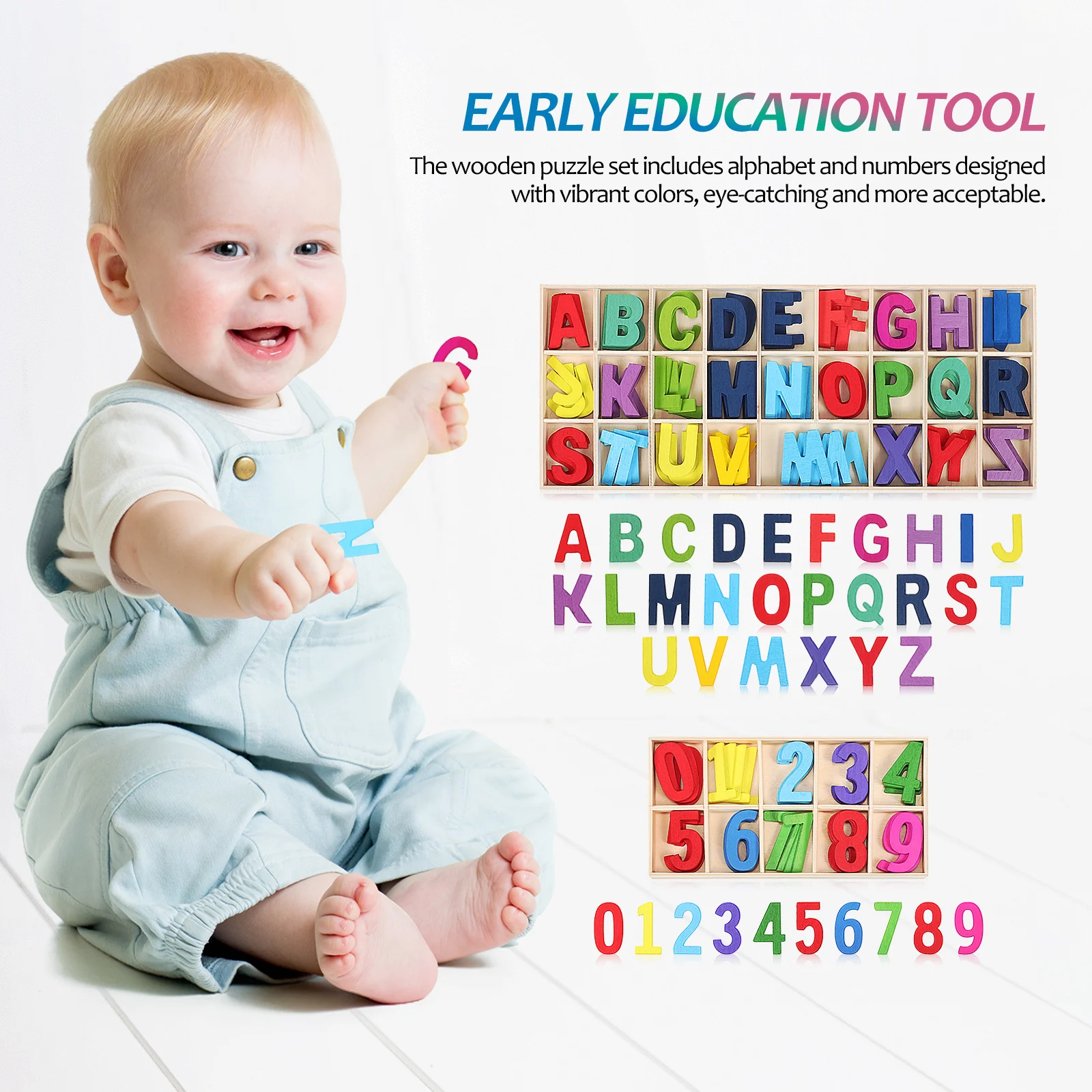 1セットのカラフルな木製文字と数字のスペル練習用早期教育学習ツール、細かく磨かれたブロック、幼稚園向け