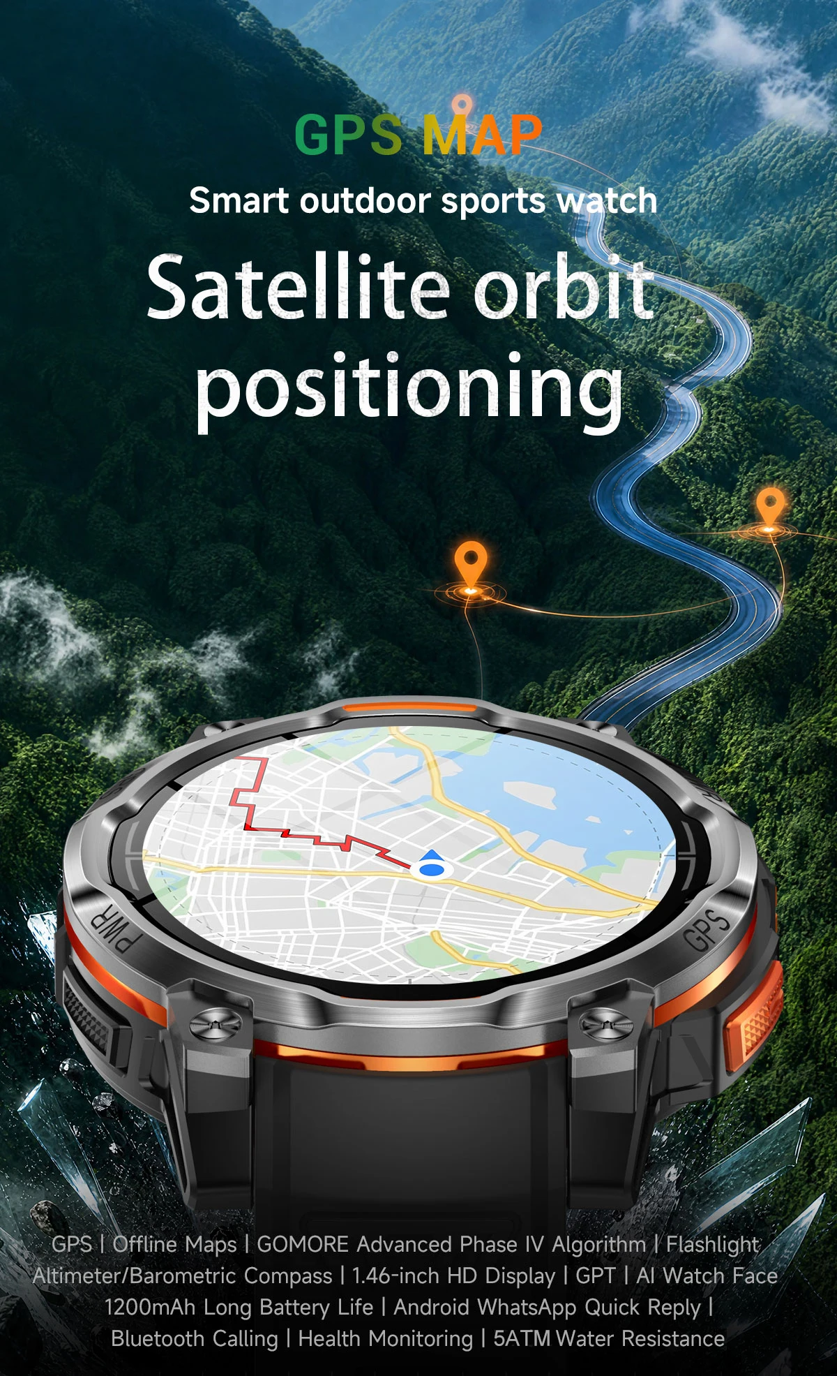 Neue Technologie 2026 GPS Offline-Karte Smartwatch für Herren 1200mAh Akku Wasserdicht Kompass Höhenmesser Taschenlampe BT-Anruf Smartwatch – Detail 1