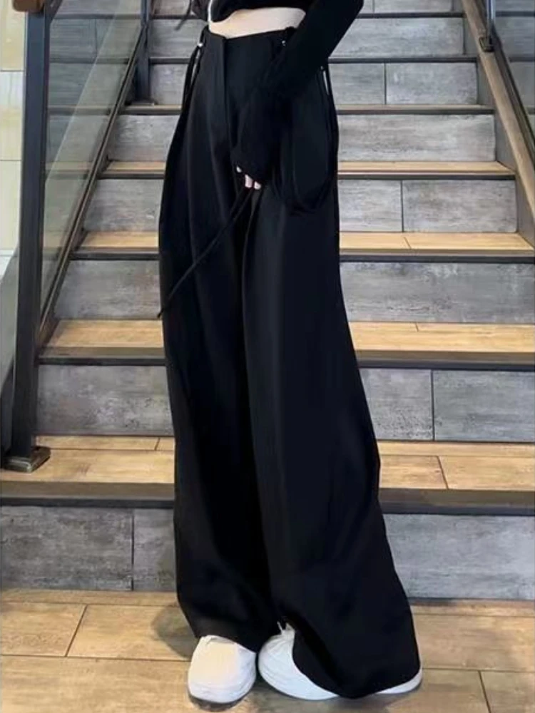 Elastic Waist Wide Leg Pants Women Leisure Loose Solid Simple Lace-up Design Streetwear Students All-match Basic Autumn Trousers