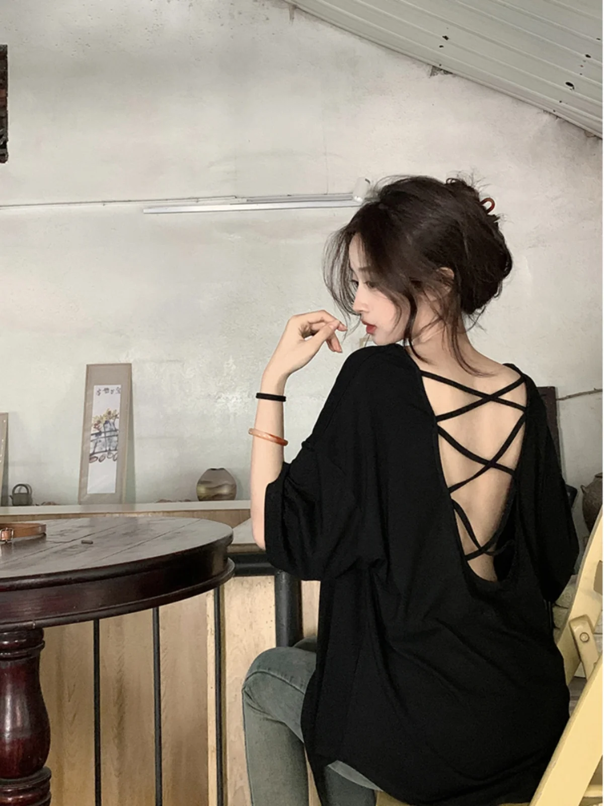 크로스백 반팔 티셔츠 여성용 스타일리시 루즈 캐주얼 디자인 여름 패셔너블 탑 한국 스타일 라운드넥 긴팔