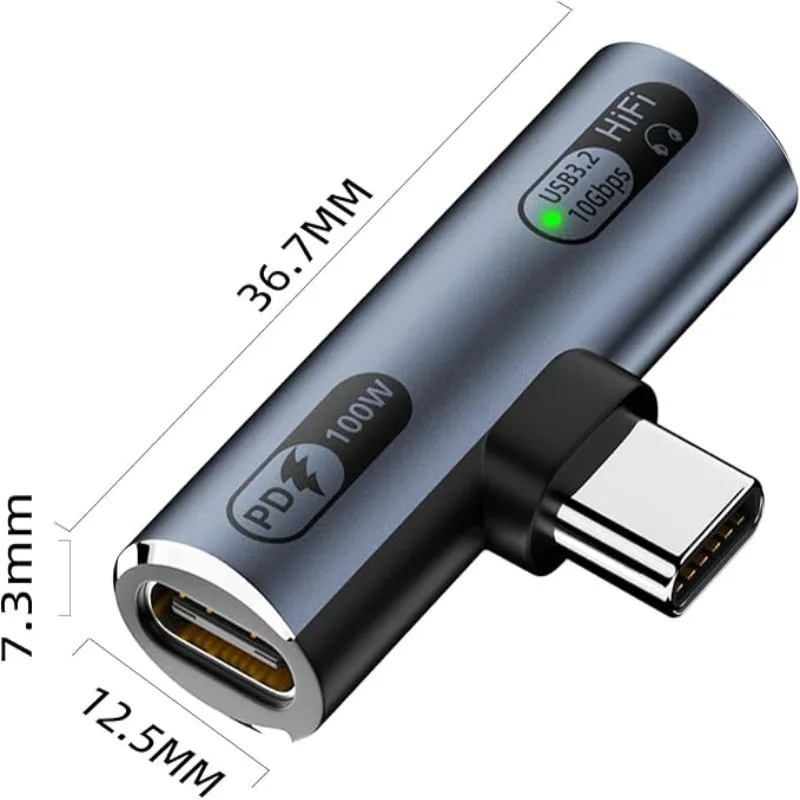 L‑Angle Type‑C Male to Type‑C Female Adapter, PD100W, USB3.2 10Gbps Data & Hi‑Fi Audio, LED Indicator, White & Gray Optional