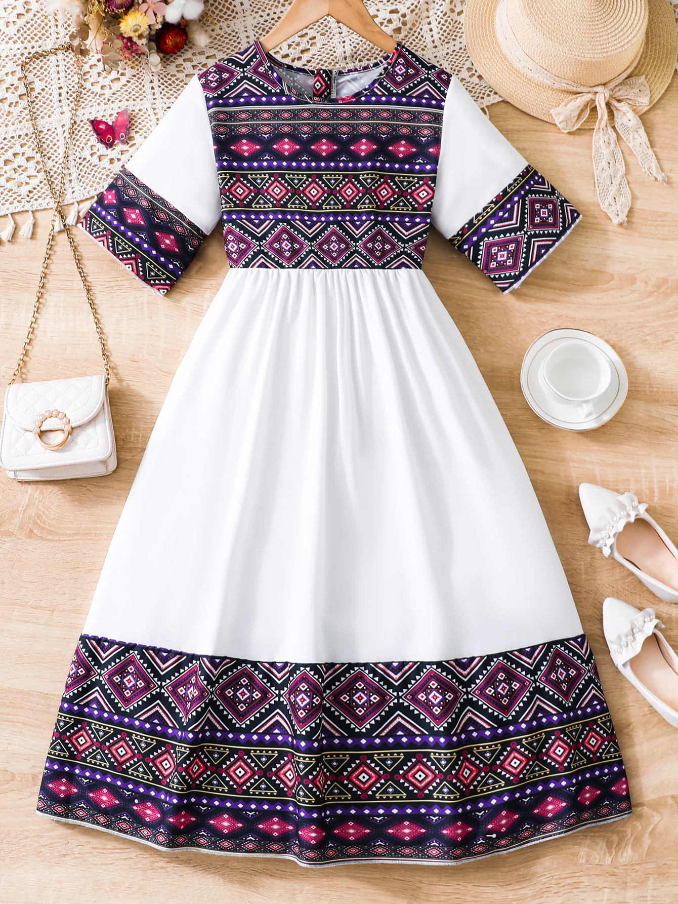 Summer children girls ethnic style patchwork dress Fashion retro simple layer clear cool comfortable slimming white dress