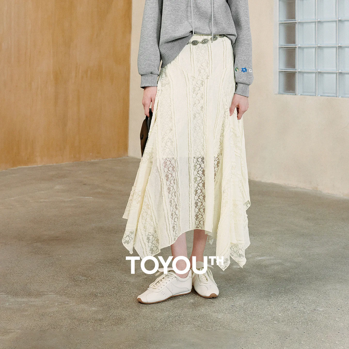 TOYOUTH Women's High Waist Delicate Lace A Line Skirt 2026 Fall New Arrival Irregular Splicing Romantic Vacation Boho Chic Style