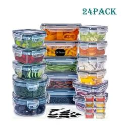 24pcs(12PCSLid and Containers) kitchen Storage Container Set - Dishwasher Safe, Reusable Plastic Bins with Flip Lids for Fruits