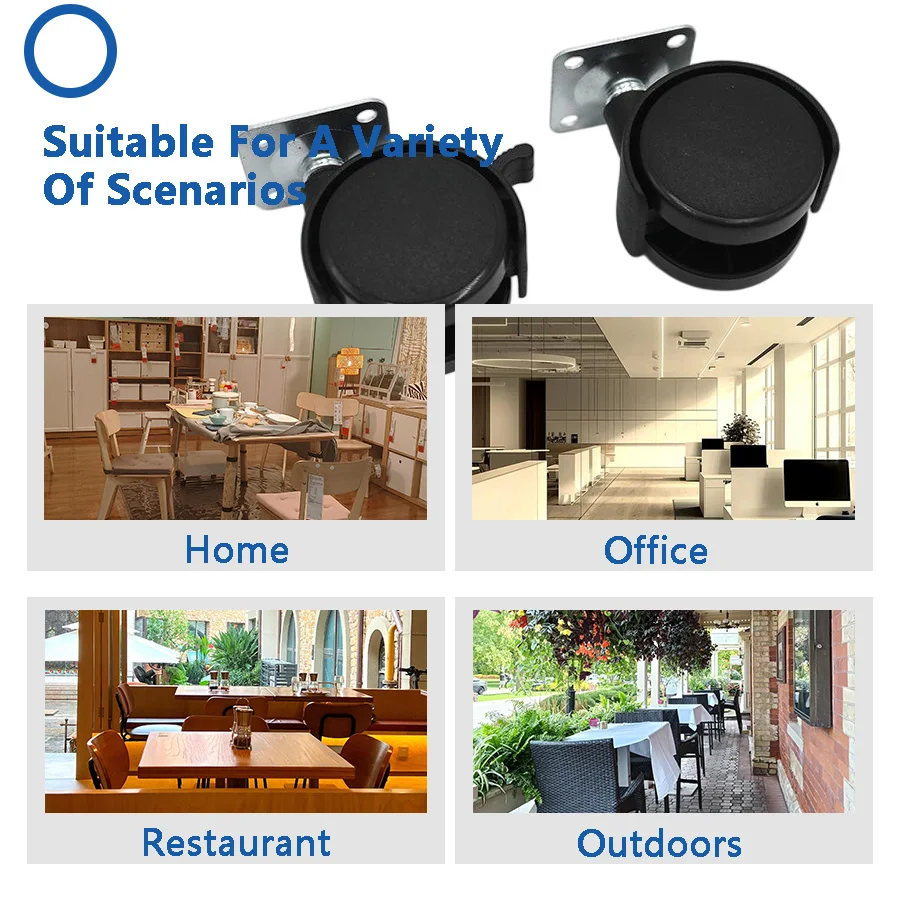 4 Black Plastic Swivel Casters - Durable Construction, 360 ° Easy Turning, Swivel/Brake - Suitable for Office Cabinets, Workbenches, Storage Boxes and Sliding Doors, Casters 39/49mm, Perfect for Home and Office Use.