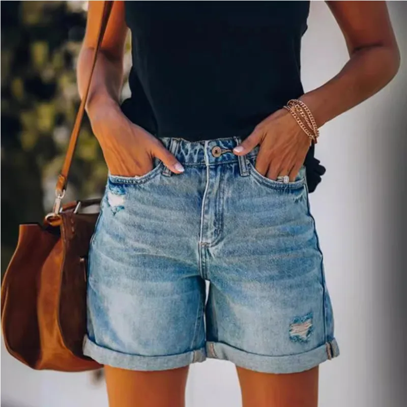 25 Spring/Summer New Fashionable Street Curled Edge Perforated Denim Shorts
