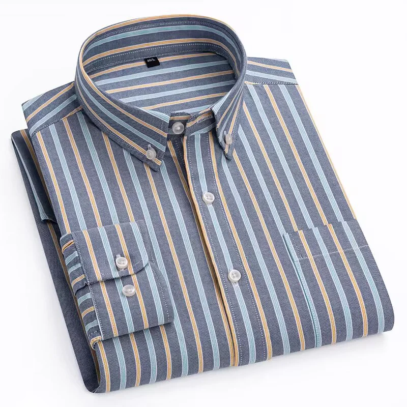 Men\'s 100% Cotton Striped Shirt Casual Long Sleeve Standard-fit Comfortable Button-down Plaid ShirtsSingle Patch Pocket