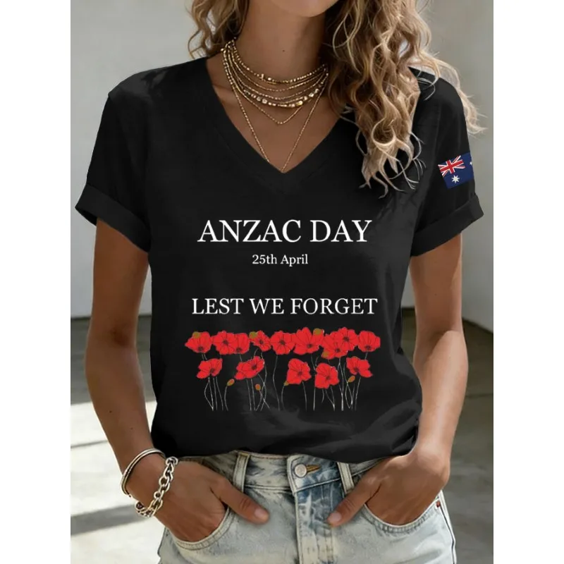 Women's Anzac Day Lest We Forget Print T-Shirts Summer Casual V Neck Tops Short Sleeve Tees