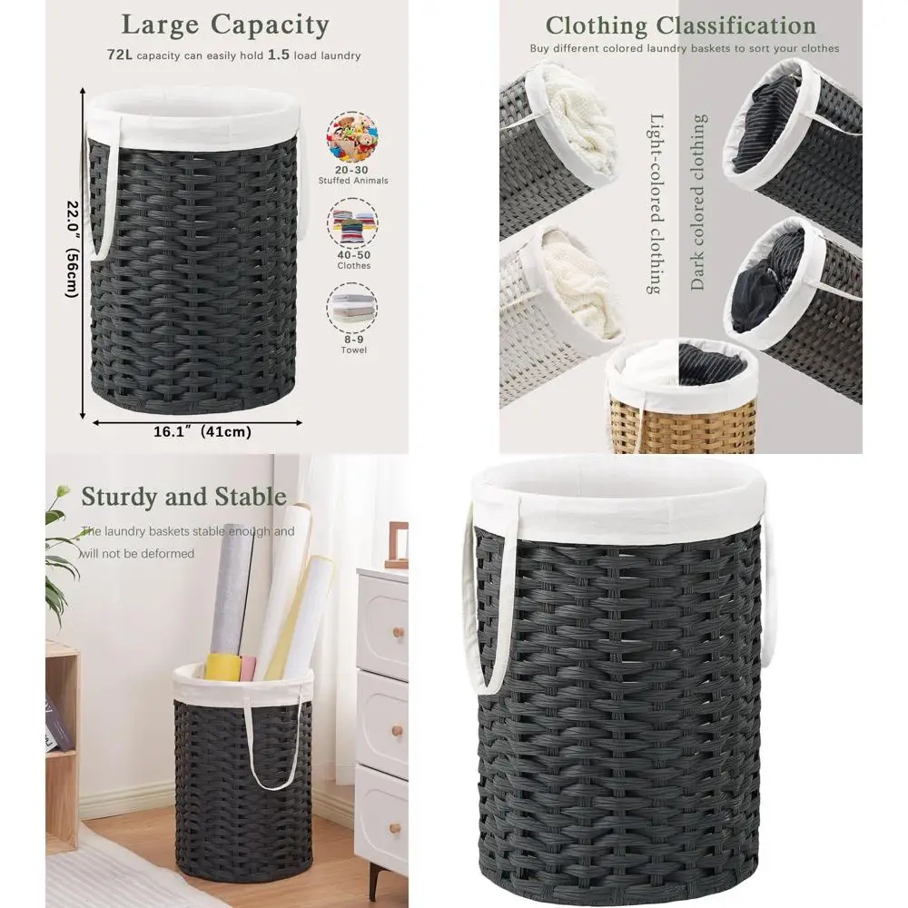 

Round 19.0 Gallon Wicker Laundry Basket with Removable Bag and 2 Mesh Pockets, Large Capacity for Living Room or Bathroom, Black