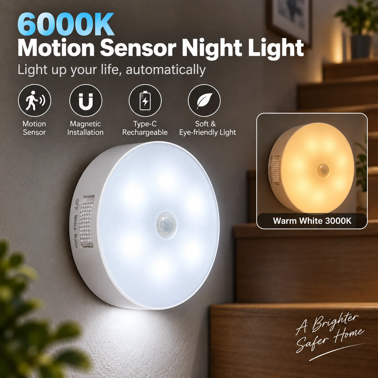10PCS LED Night Lamp With Motion Sensor Rechargeable Night Light 3000K 6000K Wireless For Room Kitchen Cabinet Bedside Lamp
