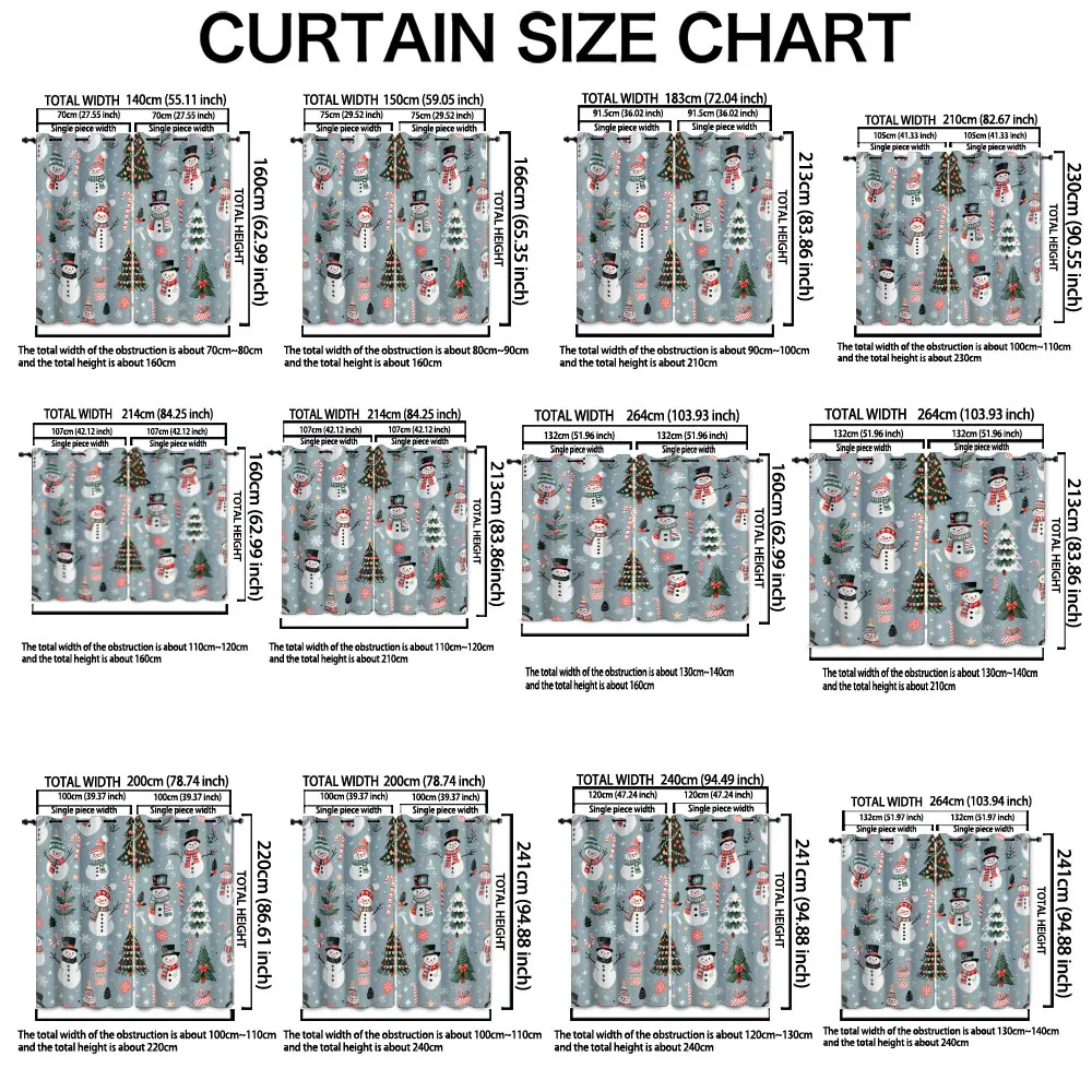 90-gram, two-piece printed curtains with Christmas snowman and snowflake patterns for decoration. Machine-washable