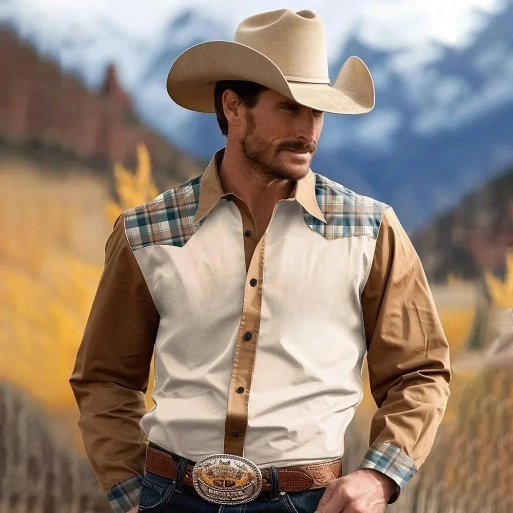 Men's retro western denim 3D printed pattern shirt fashionable holiday party long sleeve shirt men's lapel button top outer wear