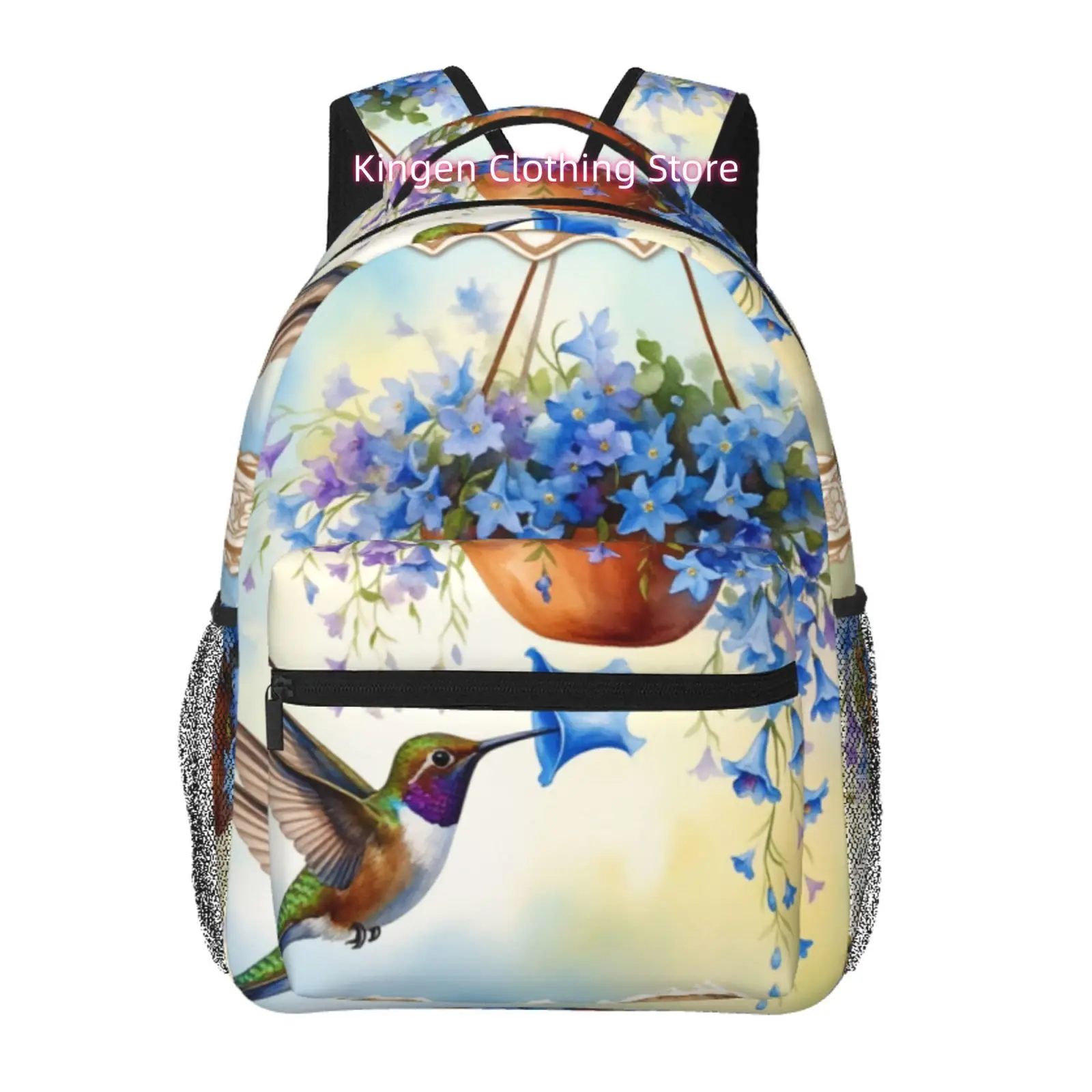 Watercolor Hummingbird And Blue Flowers Print Adult Backpack, Oxford Cloth Adjustable Shoulder Strap Casual Travel Bag for Women