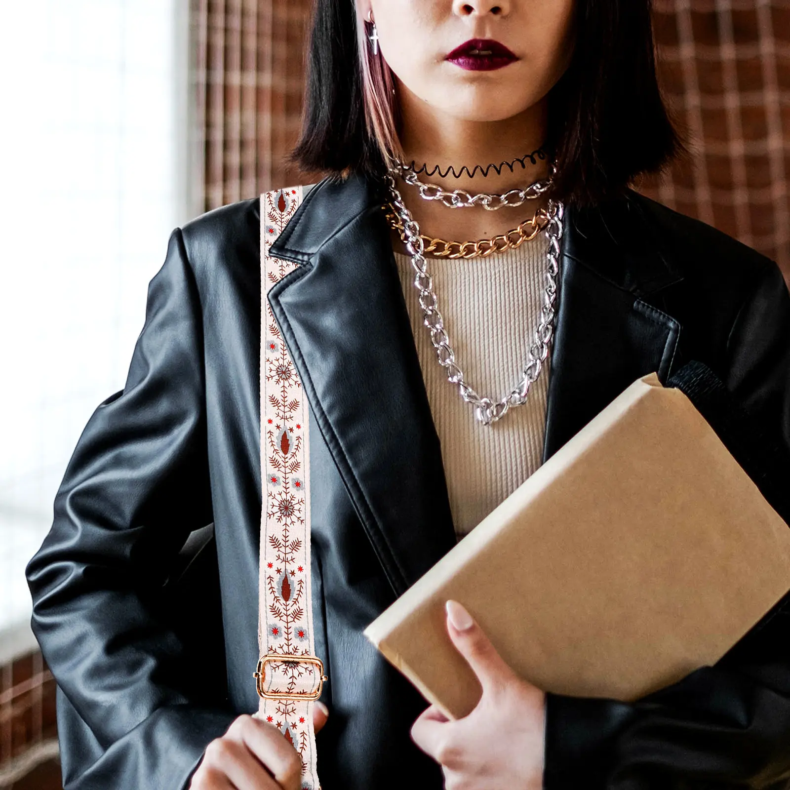 

Ethnic Style 38MM Beige Floral Bag Straps Gold Buckle Adjustable Shoulder Handbag Replacement Strap Accessories