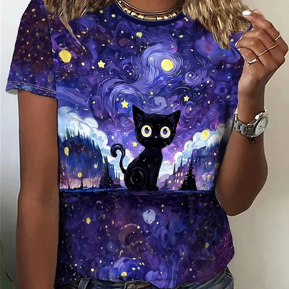 

The Art Of Oil Painting Starry sky And Animal Pattern Women's T-shirts Fashion Trend Short Sleeves T shirt O-Neck Women Clothing