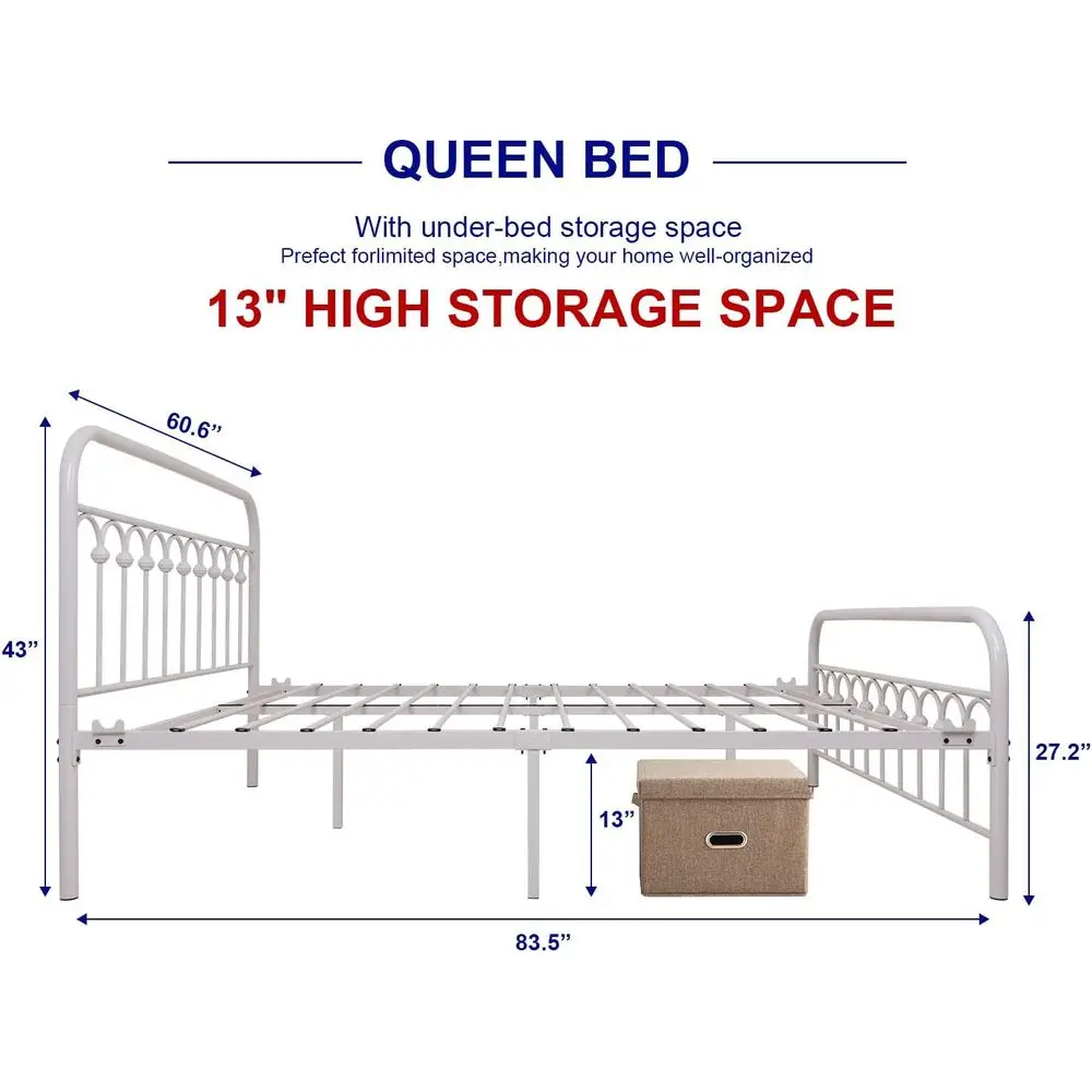 Vintage Queen Metal Bed Frame with Wrought Iron Headboard, Footboard, and Platform Base (White)