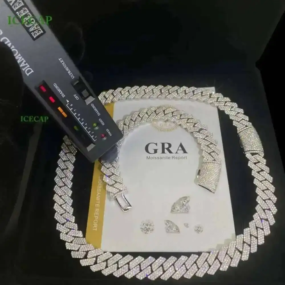 

15mm 3rows Vvs Moissanite Miami Cuban Chain Pass Diamond Test 925 Sterling Silver Bracelet White Gold Cuban Link Chain Necklaces