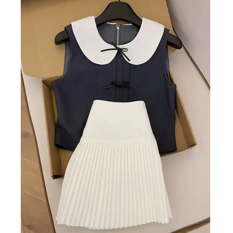 

Модный летний комплект: блузка с эффектом стройности и юбка, топ с отложным воротником и юбка миди, комплект из двух предметов