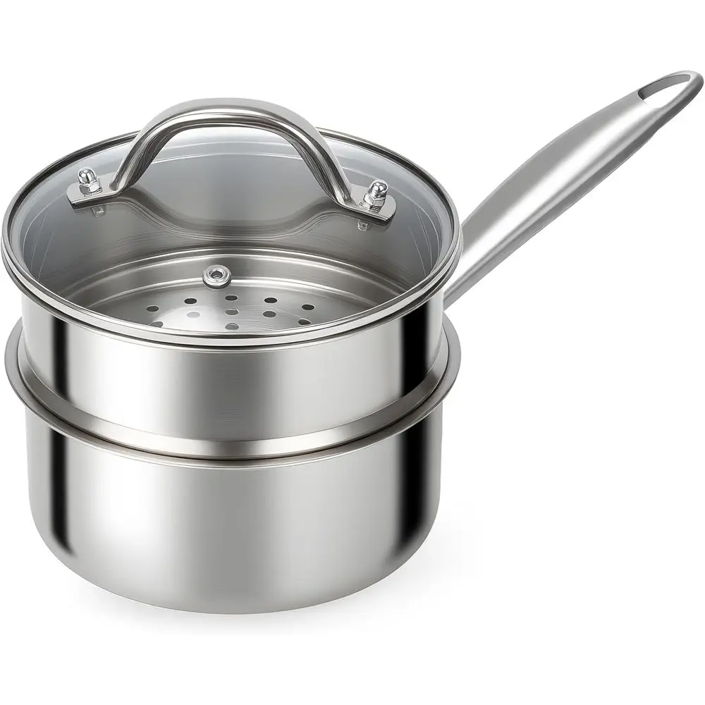 Tri-Ply 1.5 Quarts Steamer or Cooking, Small Cooking Pot with Steamer Basket, Sauce Pan with Lid, Non Stick Sauan, Induction Ste