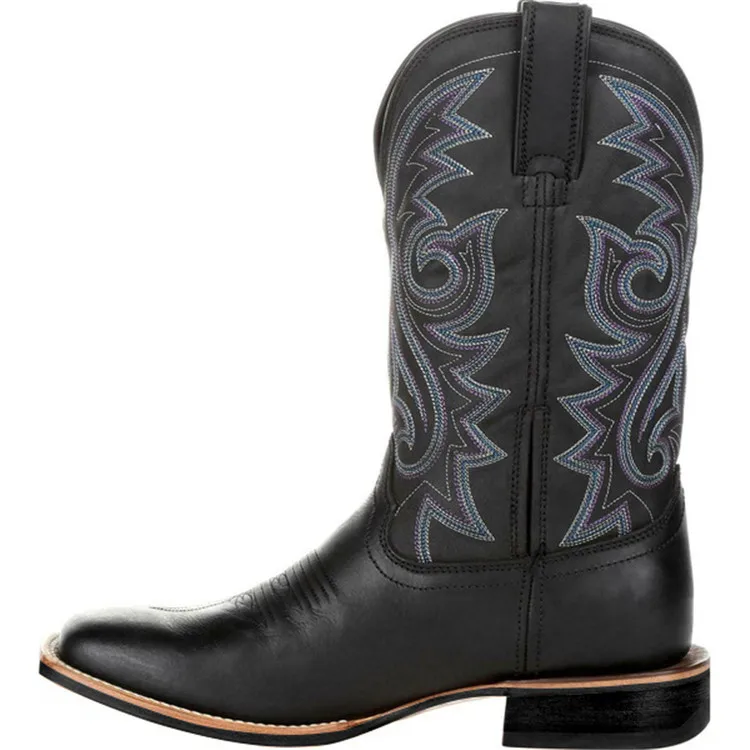 Male Western Cowboy Boots Embroidered Design Leather Boots Western Style Mid Calf Boots Outdoors High Boots Large Size 38-48