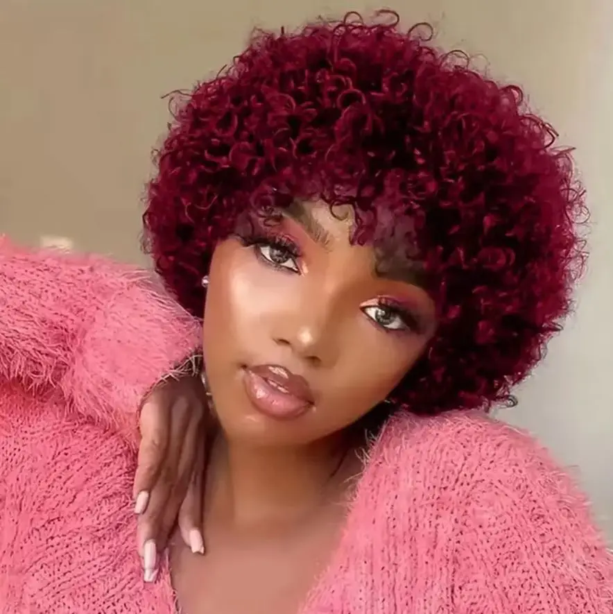 Short Afro Kinky Curly 99J Wig Woman Remy Human Hair Pixie Curl Afro Machine Make Wig