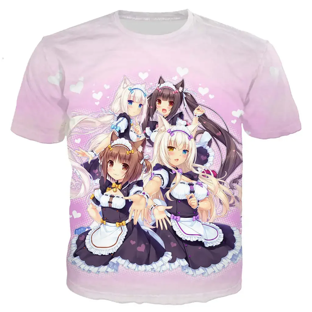 Nova camiseta estilosa para homens/mulheres Nekopara Chocolate Vanilla com estampa 3D de anime fofo, manga curta, estilo Harajuku, camiseta de rua.